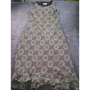 Studio I Women's Size 10 Green & Brown Sheer Overlay Medallion Dress Midi